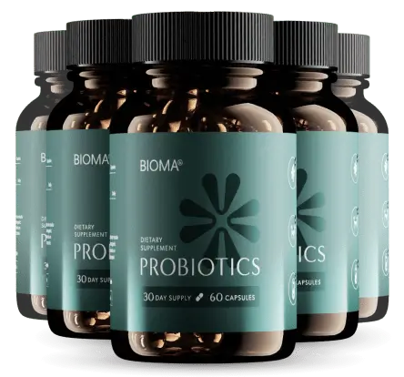 Six bottles of Bioma Probiotics